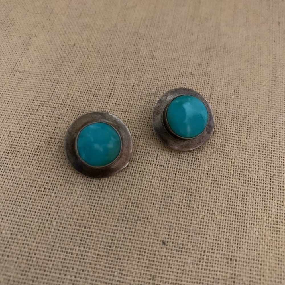 Vintage Turquoise Blue Round Cabochon Button Earrings